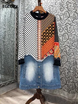 2020 Jesenski Modni Slog Obleko Visoko Kakovostne Ženske Polka Dot Tiskanja Denim Mozaik Dolg Rokav Stranka Priložnostne Obleko Clothings Lady