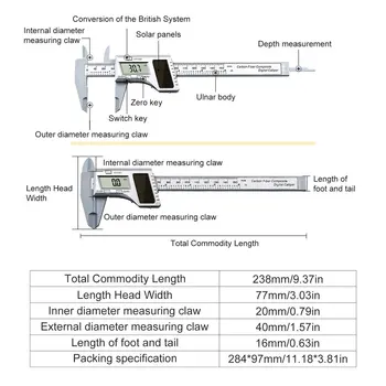 0-150MM Sončne Energije Elektronsko Natančnostjo Digitalnih Vernier Čeljusti Vladar Pachymeter Mikrometer za Merjenje Orodja Merilnik Spusti Ladje