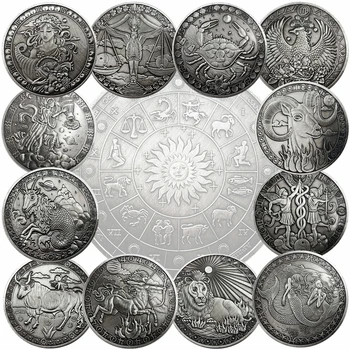 12 Kosov Dvanajst Ozvezdij Antique Silver Reliefni Raka Priložnostnih Kovancev Ljubezen morska deklica Sonce Strelec Kovanec z box