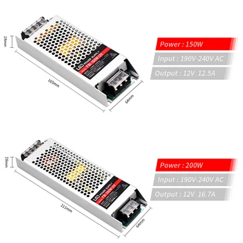 12 Voltni napajalnik, Ultra Tanek 12V LED Driver AC 190-240V 60 W 100W 150W 200W 300W Razsvetljavo Transformator Napajalnik za LED Trak
