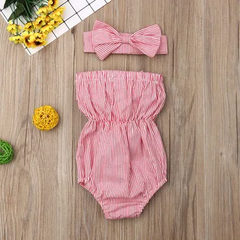 2019 Novorojenčka Otroci Baby Dekleta Off Ramenski Prugasta Bodysuit Z Velikim Lokom Poletje Babygrow Jumpsuit Obleke Debelo