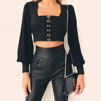 2019 Ženske Šifon Bluzo Kvadratni Izrez Dolgimi Rokavi Kratko Majico Priljubljena Črna Bela Burgundija Crop Zgornji Del Obleke