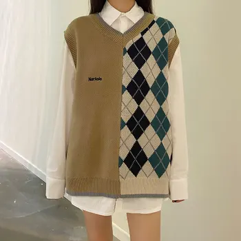 2020 jeseni in pozimi preppy barvni mozaik pletene v vratu twist telovnik puloverji ženska puloverji in puloverji ženska (X1632)