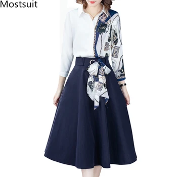 2020 Jeseni Urad Dva Kosa Določa Obleke, Ženske Plus Velikost Tiskane Mozaik Majico In Naguban Dolgo Krilo Obleke Eleganten Modni