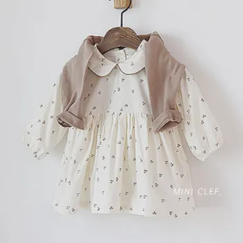 2020 Korejski Jeseni Baby Češnja Cvetlični Enega Kosa Obleko 1-3 Let Staro Dekle Lutka Ovratnik Princesa Obleko