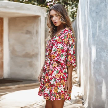 2020 Moda Cvjetnim Tiskanja Ženske Obleka za Poletje Pol Rokav Gumb Šifon Sladko Mini Obleke, Elegantne Letnik Boho Plaži Sundress