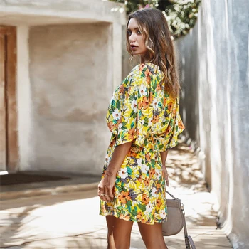 2020 Moda Cvjetnim Tiskanja Ženske Obleka za Poletje Pol Rokav Gumb Šifon Sladko Mini Obleke, Elegantne Letnik Boho Plaži Sundress