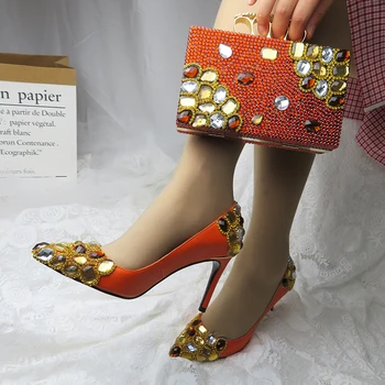 2020 Nov prihod Oranžna Kristalno Ženske poročni čevlji z ujemajočimi vrečke Konicami prstov Visoko Črpalke modne dame čevlji in Torbico