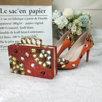 2020 Nov prihod Oranžna Kristalno Ženske poročni čevlji z ujemajočimi vrečke Konicami prstov Visoko Črpalke modne dame čevlji in Torbico