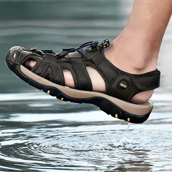 2020 Nova Moda za Moške Sandale Poletje Mehko Plaži Flip Flop Udobno Pravega Usnja Sandali Prostem Moških Roman Sandali Velikost 49