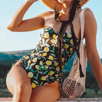 2020 Nove Ženske enodelne Kopalke Seksi Sadje Limone Tiskanja Povoj Backless Bikini Kopalke Plažo Bikini Setкупальник Женск