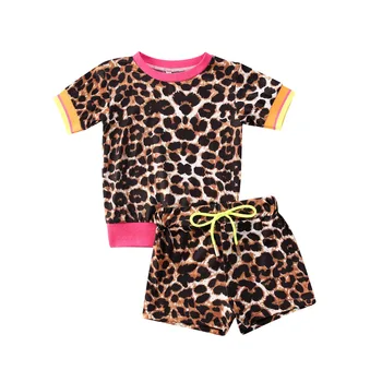 2020 Novo Poletje Malčke baby dekle Leopard natisniti T-shirt kratek rokav Vrh +Hlače 2pcs Velikost 2-5Y