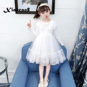 2020 Otroci Dolg Rokav Obleke za Dekleta Očesa Biserna Poroka Princesa Obleko Malčka Stranka Oblačila Otrok Bele Čipke Obleko Dekle