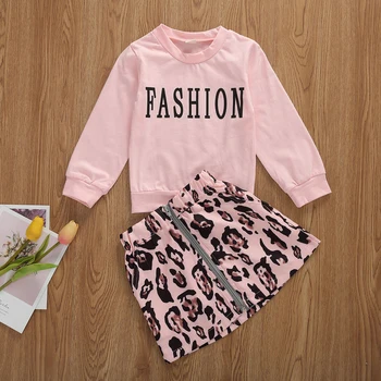 2020 Pomlad Jesen Otroci Baby Dekleta Obleke, Kompleti 1-7Y Pismo Dolg Rokav Roza Vrhovi Leopard A-Line Krila