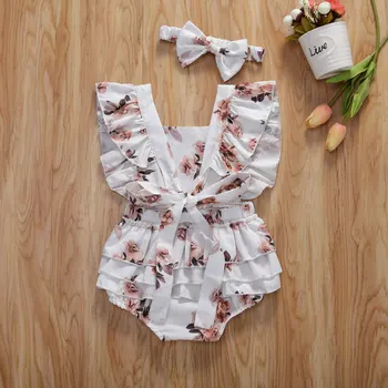 2020 Srčkan Princesa Cvetlični Baby Poletje igralne obleke za Malčke Newborn Baby Dekleta brez Rokavov Ogrlicom Jumpsuits Z Glavo 2pcs Obleke