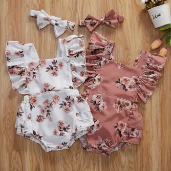 2020 Srčkan Princesa Cvetlični Baby Poletje igralne obleke za Malčke Newborn Baby Dekleta brez Rokavov Ogrlicom Jumpsuits Z Glavo 2pcs Obleke