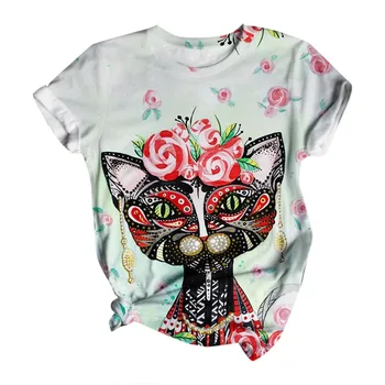 2020 T-Shirt Žensk Casaul Mačka Tiskanja Krog Vratu Kratek Rokav Svoboden Tee Shirt Blusas Vrh Mujer