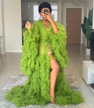 2020 Zelena Til Porodniškega Oblačilih, Ženske Odklon Dolgo Maxi Photoshoot Puhasto Stopenjski Til Haljo Formalni Dogodek Prekrivni Obleko