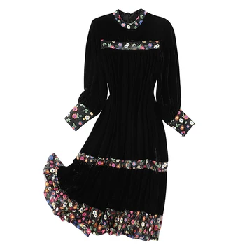 2021 Elegantno Letnik Cvetlični Črnega Žameta Midi Obleke Jeseni, Pozimi Mozaik 4XL Plus Velikost Ženske Obleke Bodycon Stranka Vestidos