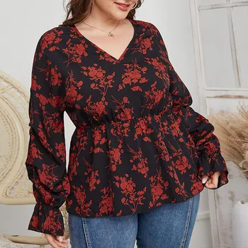 2021 Pomlad Žensk V Vratu Dolg Rokav Priložnostne Bluzo Majica Plus Velikost 4XL Ženski Cvjetnim Tiskanja Dame Vrhovi Tunika
