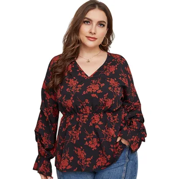 2021 Pomlad Žensk V Vratu Dolg Rokav Priložnostne Bluzo Majica Plus Velikost 4XL Ženski Cvjetnim Tiskanja Dame Vrhovi Tunika