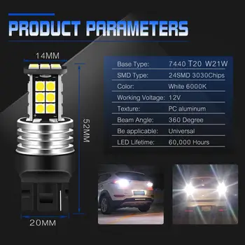 2pcs 7440 CANBUS W21W T20 avto LED povratne svetlobe 3030 24SMD Žarnice Signalna luč Napak Ne Hiper Flash super svetla Bela, 6000k