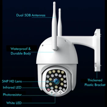 5.0 MP Prostem Speed Dome Nepremočljiva Wifi IP Kamera 1080P Full Color Night Vision PTZ Smart Home Security Nadzor