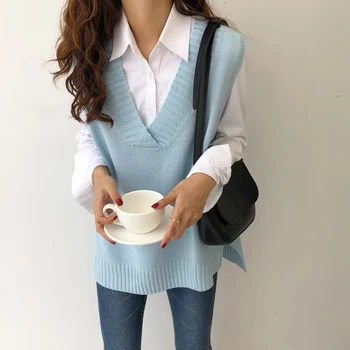 5 barv 2018 Jeseni korejski preppy stil trdna colot brezrokavnik ženske, puloverji in puloverji ženska (C8803)