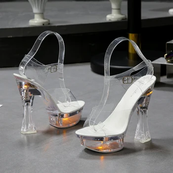 6 Barvni Kvadratek Pete Ženske Sandale sveti Žareče Čevlji Svetlobna Jasno Sandali Platforma Čevlji z Visoko Peto 15 cm Prozorni Čevlji