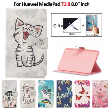 8-palčni Tablični Primeru Za Huawei MediaPad T3 8 Primeru Kawaii Samorog Mačka Kuža Usnjena torbica Za Huawei MediaPad T3 8 Pokrovček Coque+Pen