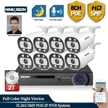 8CH 5MP HD POE NVR Kit CCTV Sistema za zaščito, dvosmerni Audio AI IP Kamera Zunanja uporaba P2P za Video Nadzor, Kamere Nastavite 2TB HDD