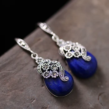 Afganistan Naravnih Lapis Lazuli 925 Sterling Srebro Spusti Uhani Za Ženske Retro Spusti Uhani Fine Nakit Trgovini