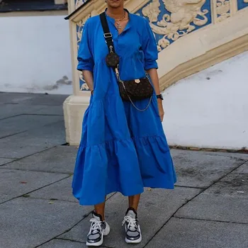 Afriške Ženske Priložnostne Obleko Modri Gumb Gor pa Dol Kola Majica Obleke, Dame Plus Velikost 3XL Svoboden Poletje Jesen Dolgo Obleko Maxi