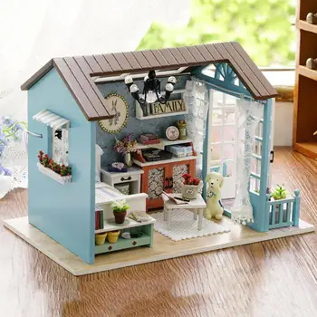 Ameriški Stil, Lesene Igrače za Otroke Klasične Hiše DIY Mini Lutke Igrače z LED Luči Ročno Lutko, Hiša, Pohištvo Komplet