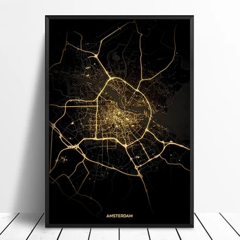 Amsterdam City Light Zemljevidi Po Meri Svetovni Zemljevid Mesta, Plakati, Platna Natisne Skandinavski Slog Wall Art Dom Dekor