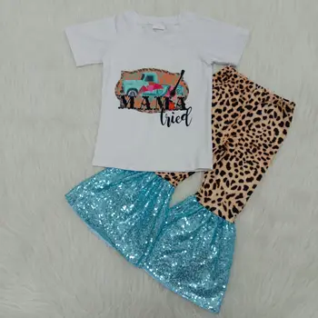 Baby dekleta boutique modna oblačila za otroke, določa avto kratek rokav vrh bell dnu leopard Tiste hlače otrok srčkan obleko