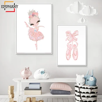 Baby Dekleta Vrtec Balerina Wall Art Swan Princess Pink Balet Natikači Tiskanja Otroci Soba Platno, Tisk, Nordijska Barvanje Slike