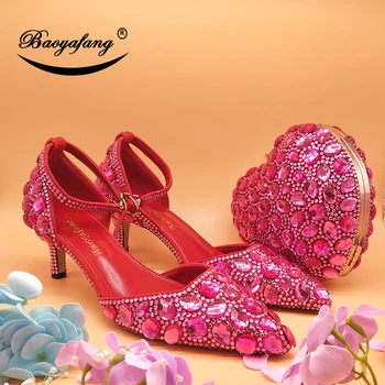 BaoYaFang Fuschia roza Kristalno Poročni čevlji in torbice Nevesta gleženj trak čevelj z ujemanje vrečke Poročne stranka obleko čevlje, Sponke