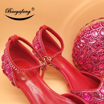 BaoYaFang Fuschia roza Kristalno Poročni čevlji in torbice Nevesta gleženj trak čevelj z ujemanje vrečke Poročne stranka obleko čevlje, Sponke