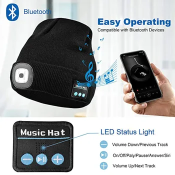 Beanie Klobuk Bluetooth 5.0 LED Brezžične Stereo Slušalke Predvajalnik Glasbe Klobuk s Hands-free (prostoročni Mikrofon Funkcija za ponovno Polnjenje Zatemnitev