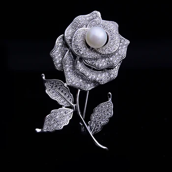 Bela Nosorogovo Rose z Biserno Poroko Broška Kristalno Broach za Poročni Šopek Krila Cvet Pin Angažiranost in Pribor Nakit