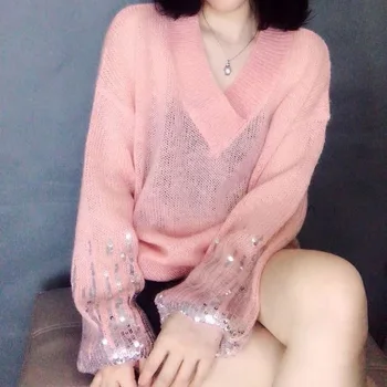 Blingbling ženske svoboden moher V vratu dolg rokav pleteni pulover korejski moda zgodaj jeseni seksi glej skozi puloverji