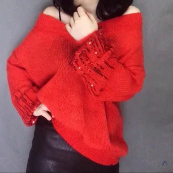 Blingbling ženske svoboden moher V vratu dolg rokav pleteni pulover korejski moda zgodaj jeseni seksi glej skozi puloverji