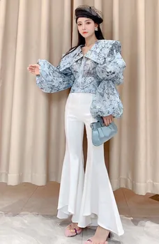 Bluze 2020 Jeseni Mode Ulične Elegantno Puff Rokav Visoko Pasu Bluzo Ženske Blusas Lady Shirt Party Vrhovi