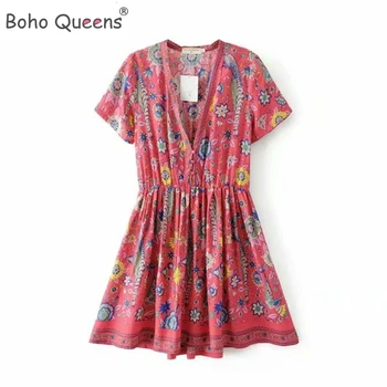 Boho Queens Ženske cvetlični pav tiskanja plaža obleko vestidos kratek rokav seksi Proti-vrat Bohemian mini Boho obleke