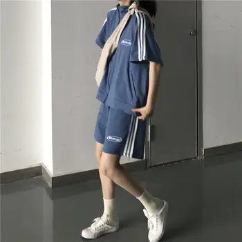 [Bombaž] Poletje modni športni obleko Hong Kong retro slogu ženski študent kratka sleeved hlače ohlapno obleko, dvodelno,
