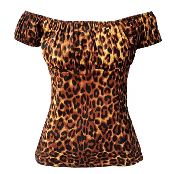 Bombaž Retro Vintage Bluzo Rokavi Ženske Off Ramenski 50s, 60s Kratek Rokav Poleti Rumeno Črno Beli Leopard Tiskanja Urad Vrhovi