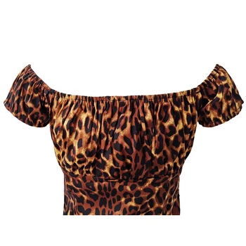 Bombaž Retro Vintage Bluzo Rokavi Ženske Off Ramenski 50s, 60s Kratek Rokav Poleti Rumeno Črno Beli Leopard Tiskanja Urad Vrhovi