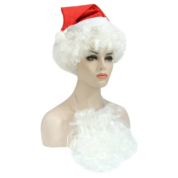 Božič Santa Lasuljo Klobuk in Brada Nastavite Samo Deluxe Bele Dolge Kodraste Lasulje Odraslih Vlogo Igrajo Claus Kostum za dodatno Opremo