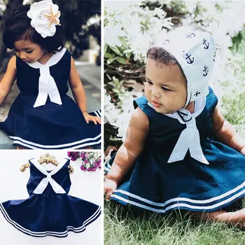 Brezplačna dostava Baby Toddler Otroci Dekleta Poletje Moda Obleko brez Rokavov Mornar Kostum Krila